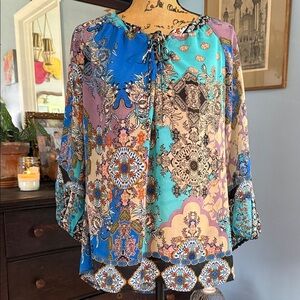 Fig & Flower Multicolored Boho Print Blouse – Size M